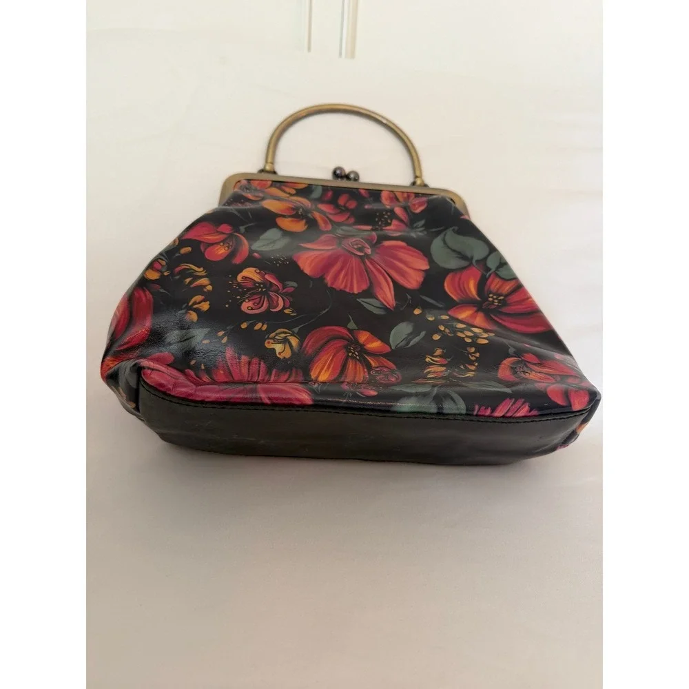 Patricia Nash Floral Leather Frame Satchel Kiss Lock Black Red Brass